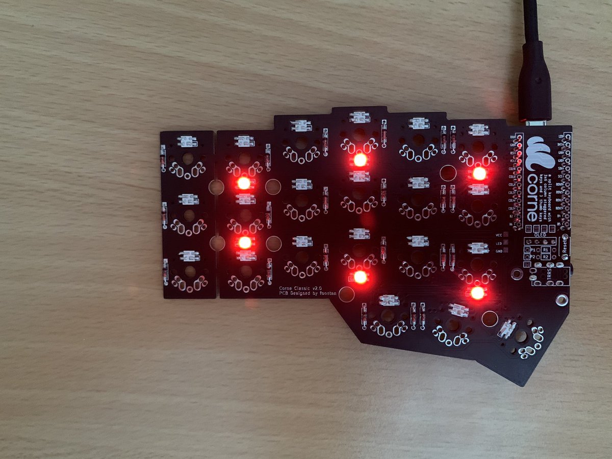 A keyboard PCB with six LEDs illuminated