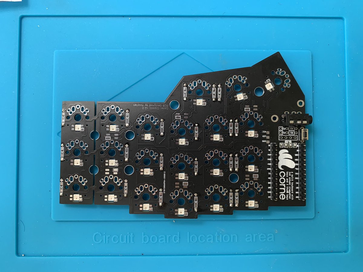 A keyboard PCB with LEDs, diodes, a TRRS jack and a reset button