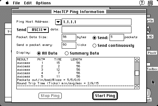 Screenshot of a successful MacTCP Ping