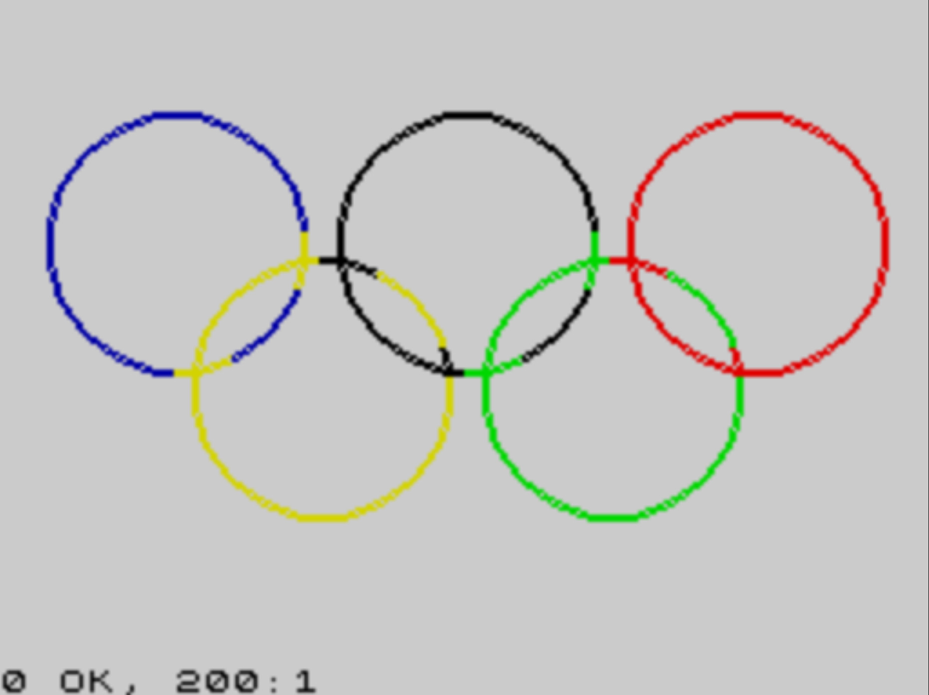 The Olympic rings, rendered on a ZX Spectrum emulator. Not endorsed by the IOC; please don’t sue me.